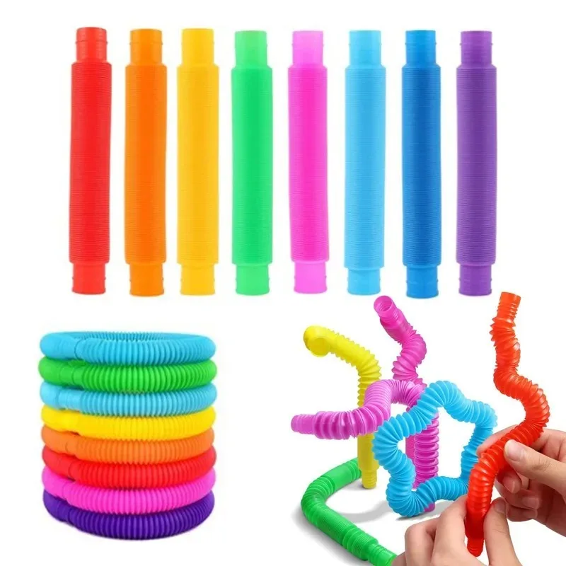 Juego de 8 piezas de plástico Flexible para niños y adultos, tubo telescópico Pop, tubo elástico de fuelle, juguetes de descompresión