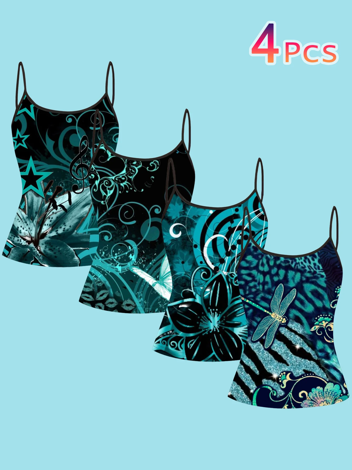4-Piece Set of Women's Black Base Floral Dragonfly and Musical Note Print Spaghetti Strap Camisole Slim Fit Inner Layering Top