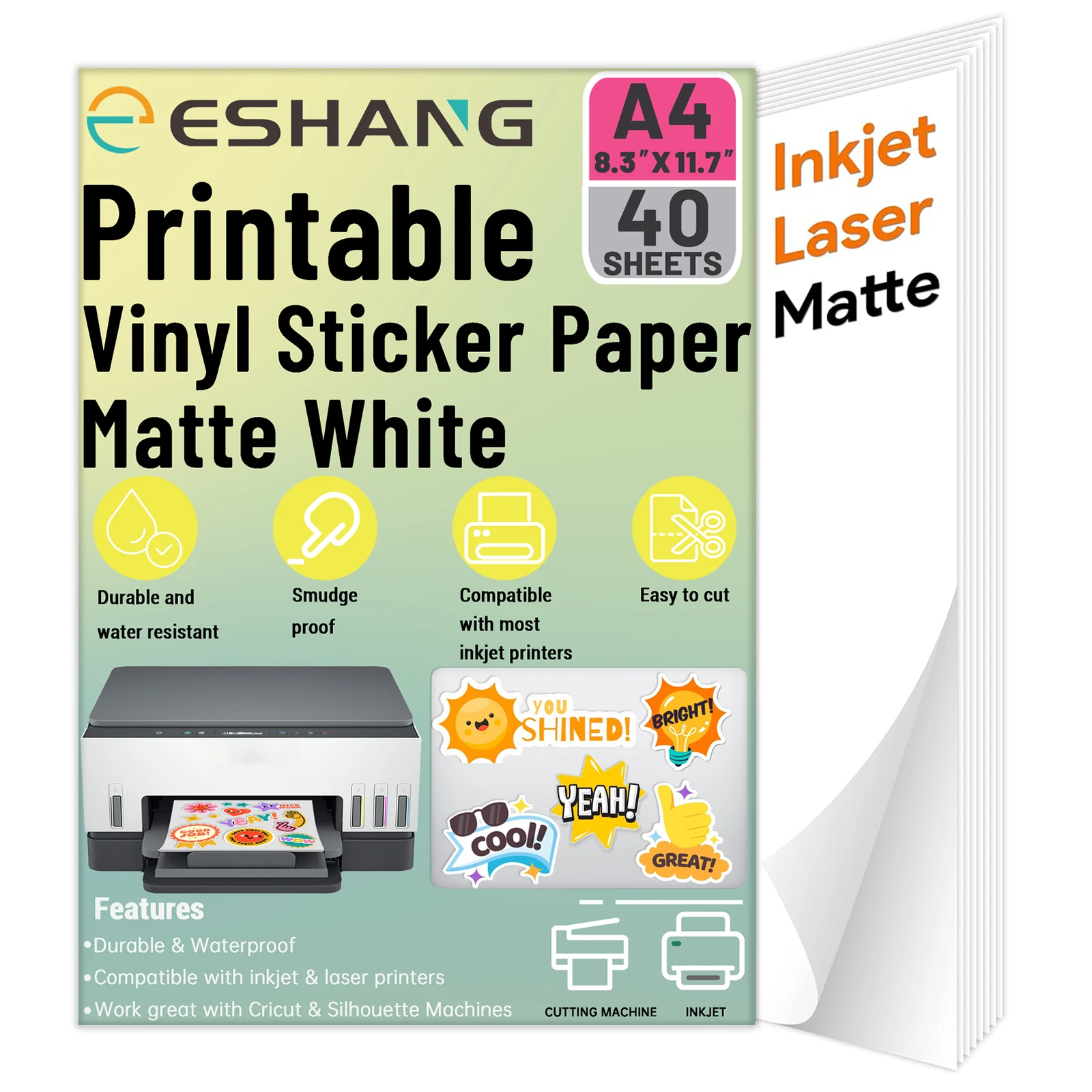 40매 A4(8.3 x 11.7인치) 인쇄 가능 비닐 스티커 용지 (잉크젯 및 레이저 프린터용) 무광택 흰색 방수, 빠르게 건조됨