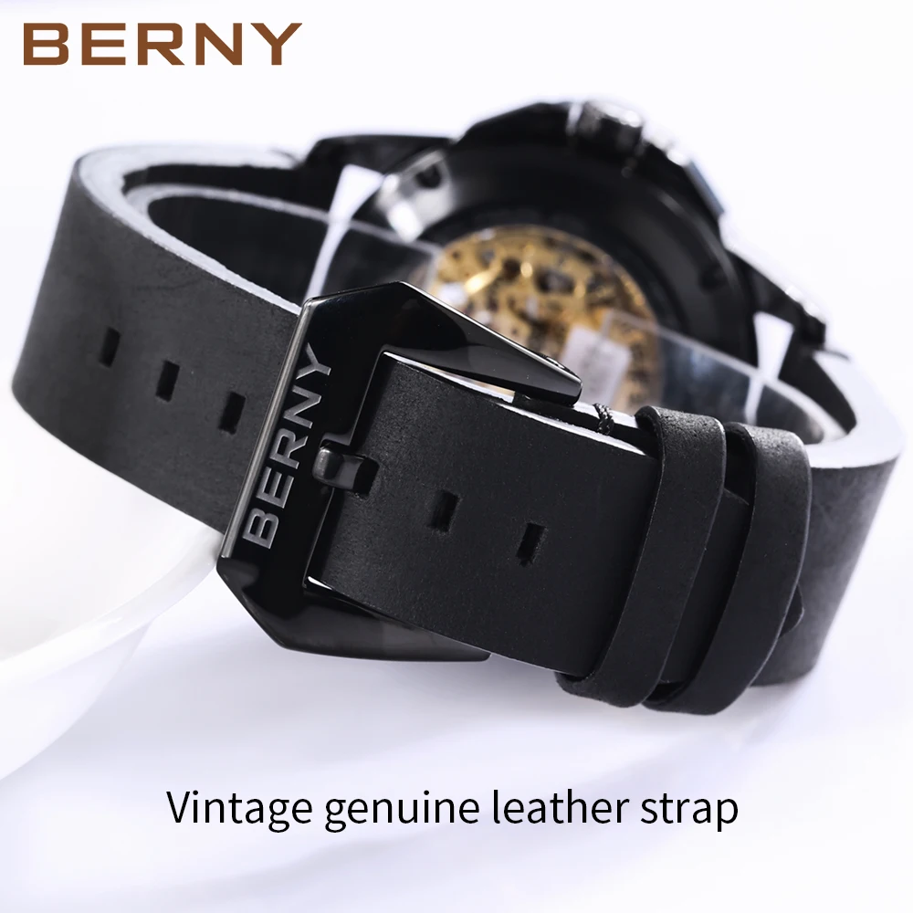 BERNY Men Automatic Self Winding Watch BERNY 8N24 Skeleton Mechanical Watches Luxury Steampunk Luminous Waterproof Wristwatch