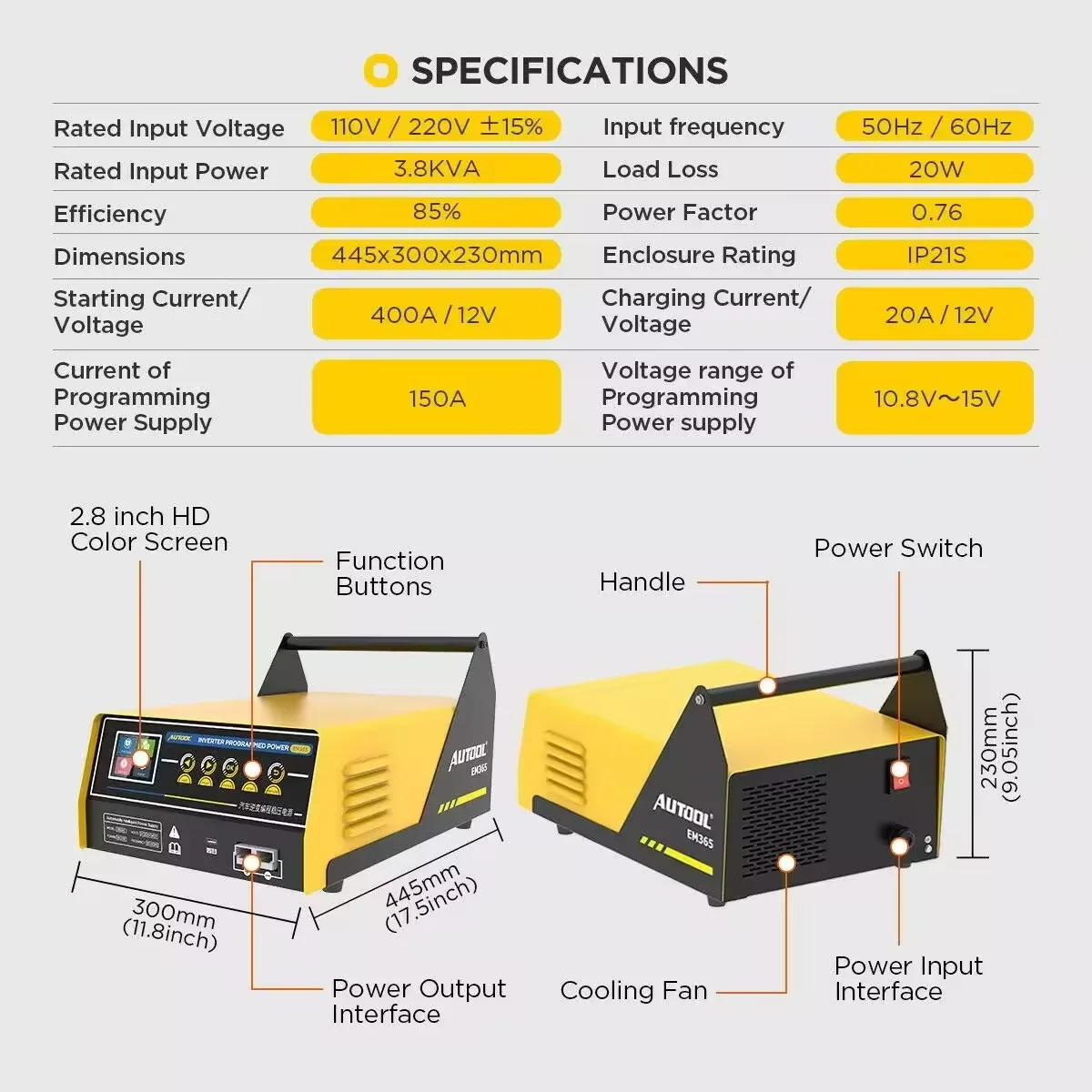 AUTOOL-fuente de alimentación de programación del inversor EM365 150A, cargador de batería de 12V, regulador de arranque de coche, transformador de voltaje