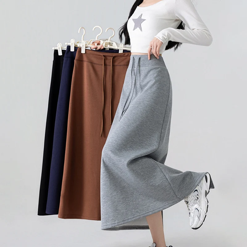 

Простые однотонные длинные юбки для женщин, осень-зима, шикарная юбка-миди трапециевидной формы с разрезом сзади, элегантные универсальные макси-юбки на шнурке