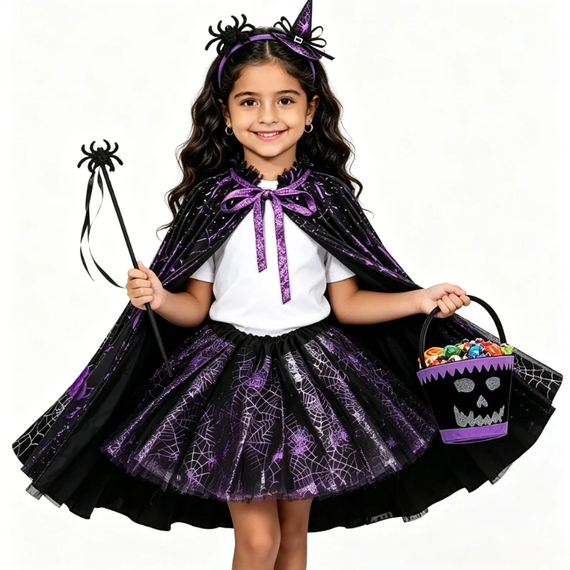 Toddler Witch Cosplay Bundle Black Purple Web Print Cloak Layered Tutu Skirt Mini Witch Headband Skull Treat Pail Holiday Outfit view 4