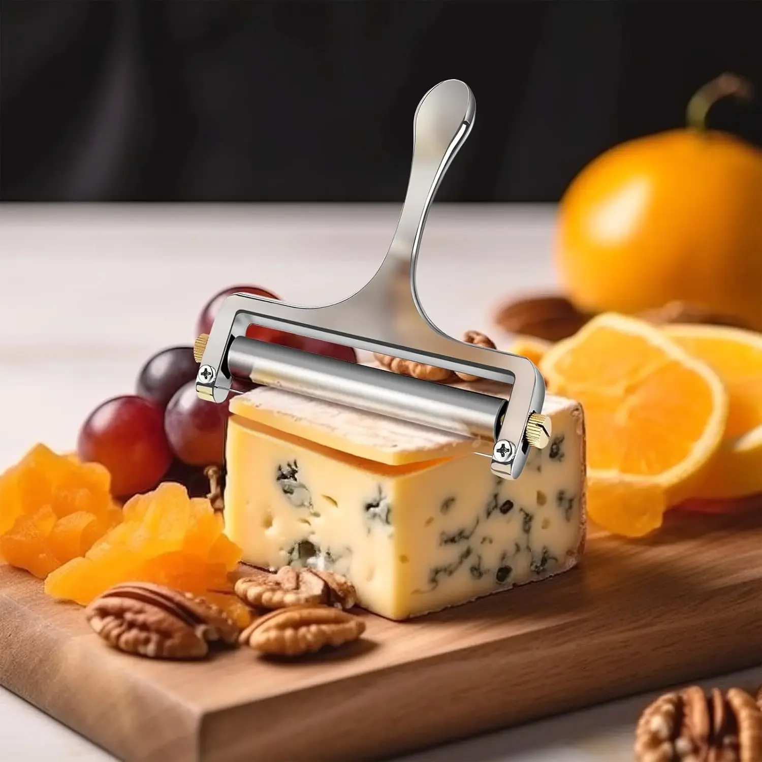 Stainless steel hand-held cheese slicer for mozzarella cheese, cheddar cheese and Gruyere cheese