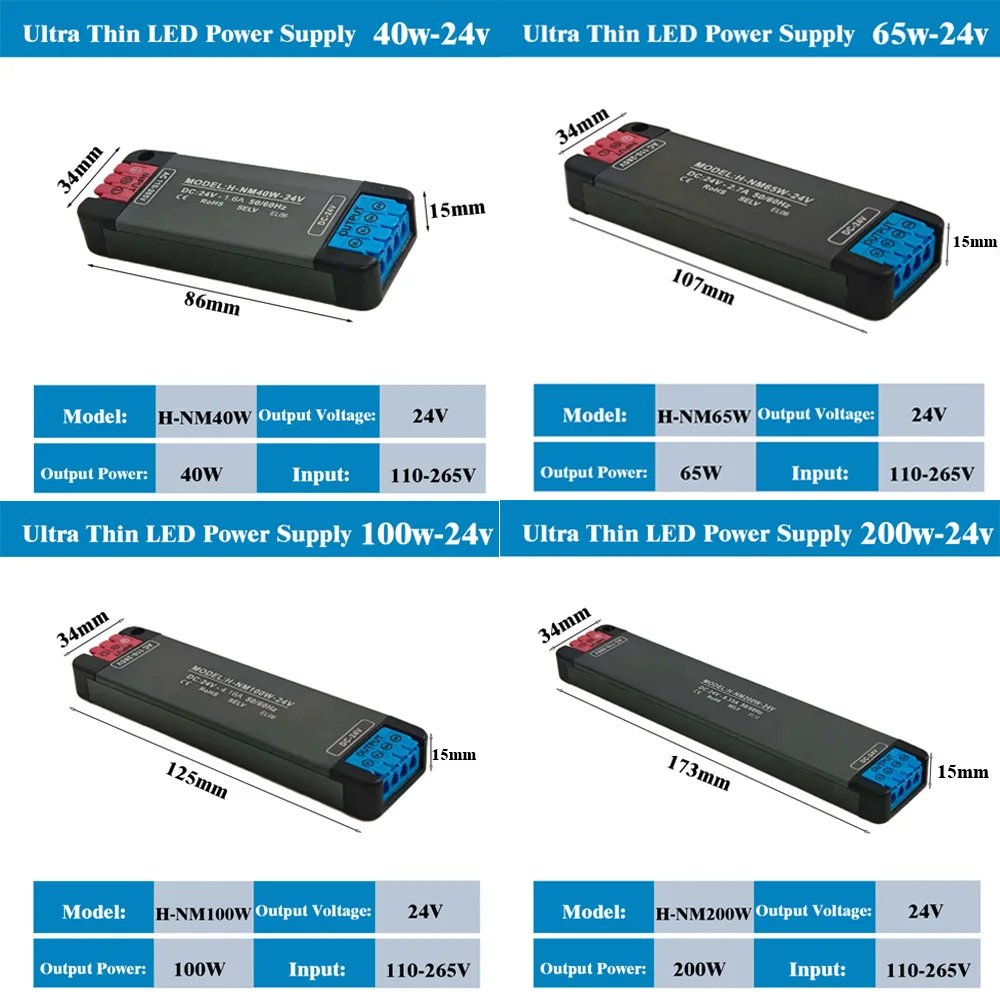 DC24V 200W 100W 65W 40W  Ultra Thin LED Driver Power Supply, Slim Constant Voltage Transformer for LED Strip Light
