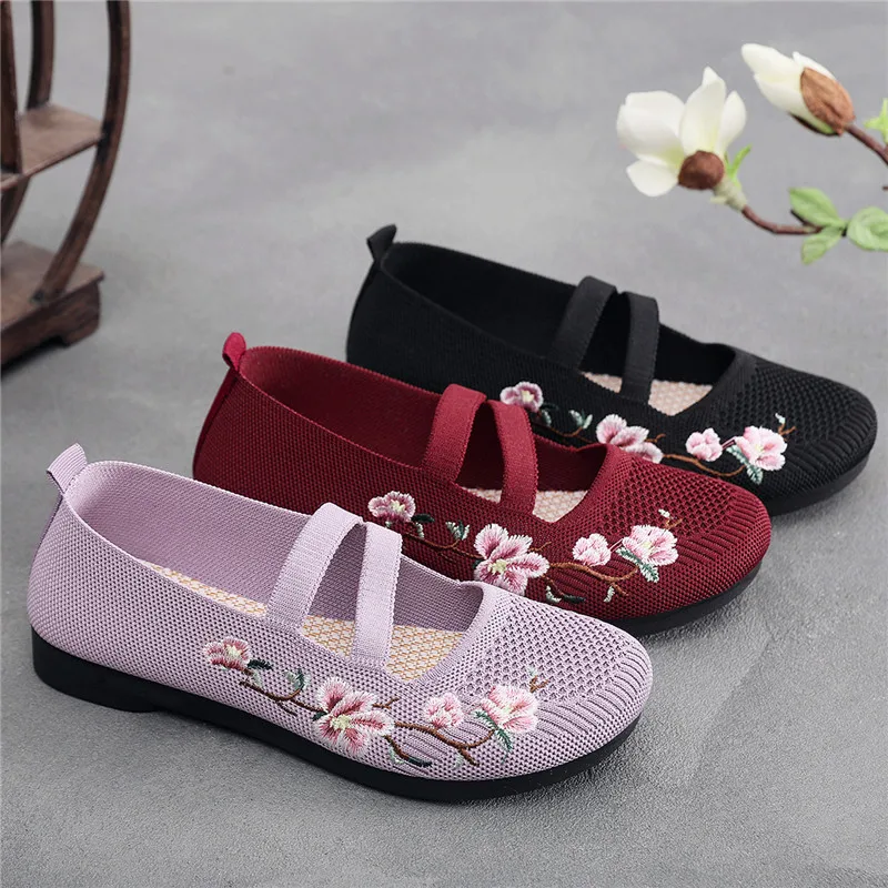 Grandma flats casual knitted mary jane shoes for women summer breathable loafers soft lavender flats woman double strappy shoes