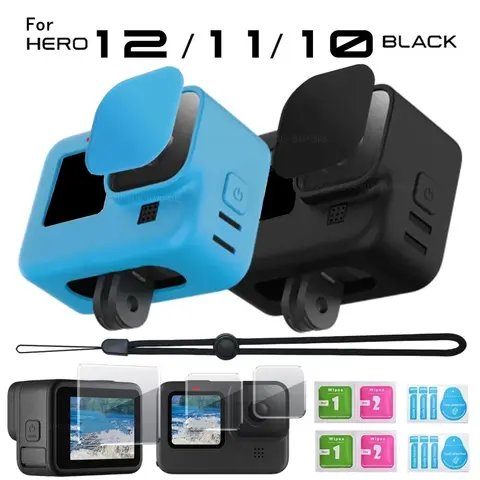 GoPro Hero 12 11 10 9 용 부드러운 실리콘 보호 케이스 GoPro 12 11 10 용 끈이있는 카메라 풀 커버 쉘 보호 슬리브