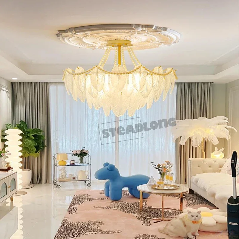 Modern LED Pearl Feather Glass Celling Chandeliers Living Dinging Room Pendant Lamp Home Decor Lustre Hanging Light Fixture