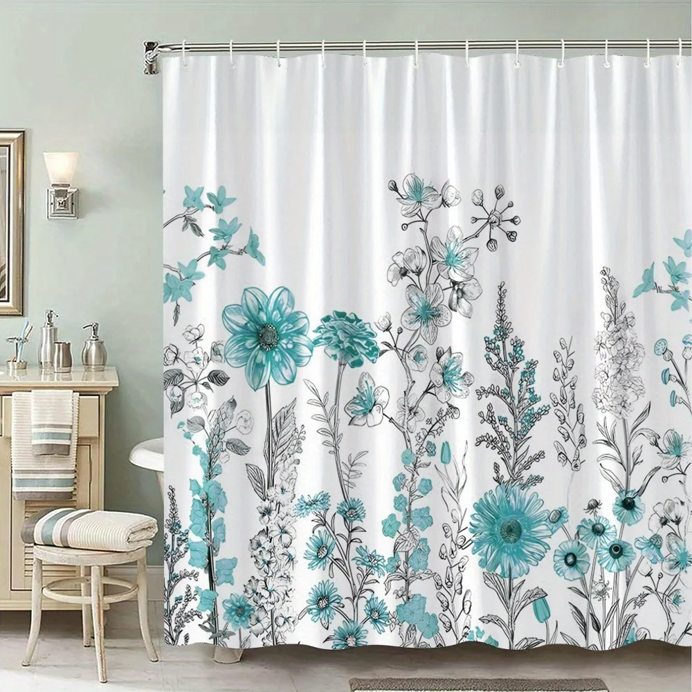 

1 Botanical Floral and Foliage Shower Curtain, Turquoise and Teal Flowers with Daisies, Polyester Fabric with Hooks, 70x70 Inch