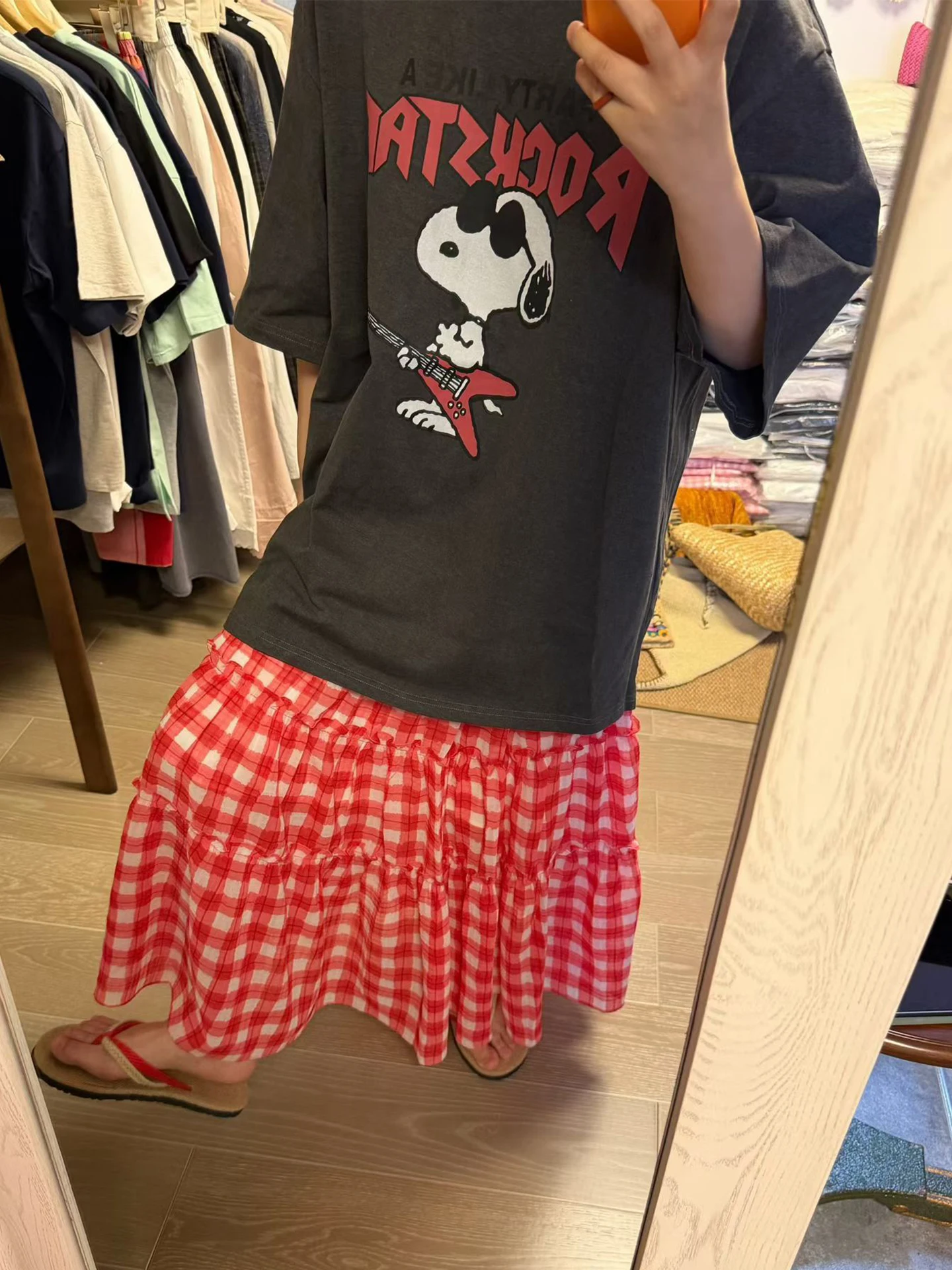 

Summer Vintage Style plus Size Red Plaid Skirt T-Shirt Women's Clothing Loose Fit Short Sleeve Regular Length