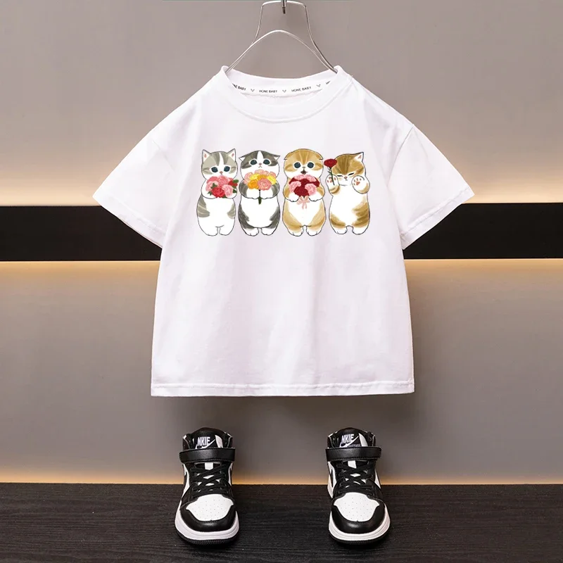 Summer Boys Girls Cotton T-shirt New Product Dress Up Cat Black Tees Sweat-absorbing Breathable Cartoon Top Children's Clothes