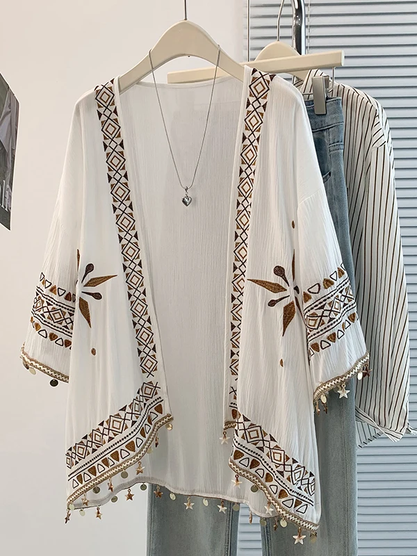 

Authentic Bohemian Heavy Embroidery Fringe Summer Cardigan Sun Protection Women's Shirt Short Sleeve Daily Wear