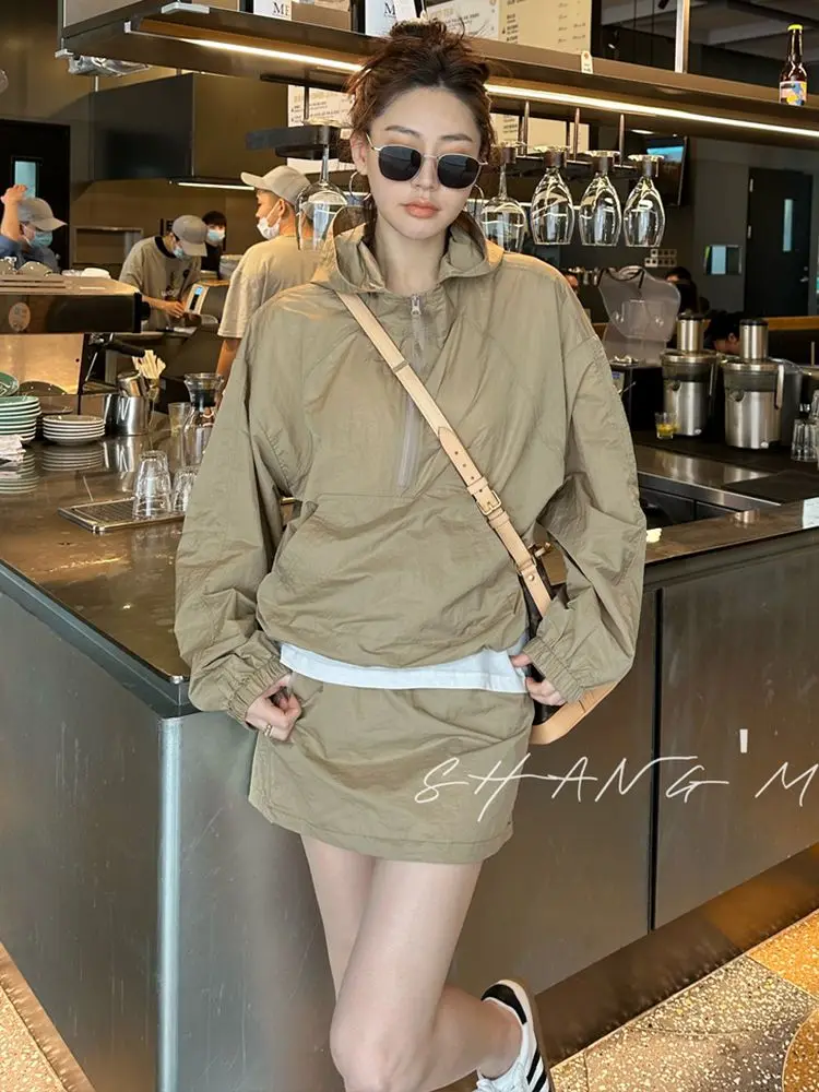 Vintage Casual Hooded Sunscreen Dress Sets Loose Short Skirt Thin Sunscreen Long Sleeve Outdoor Jackets Womens Two Peice Sets