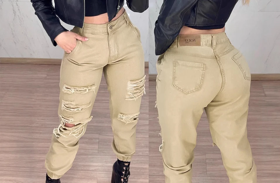 Frauen Khaki Casual Ripped Hohe Taille Krawatte Werkzeug Hosen Knöchel Länge Hosen Taschen