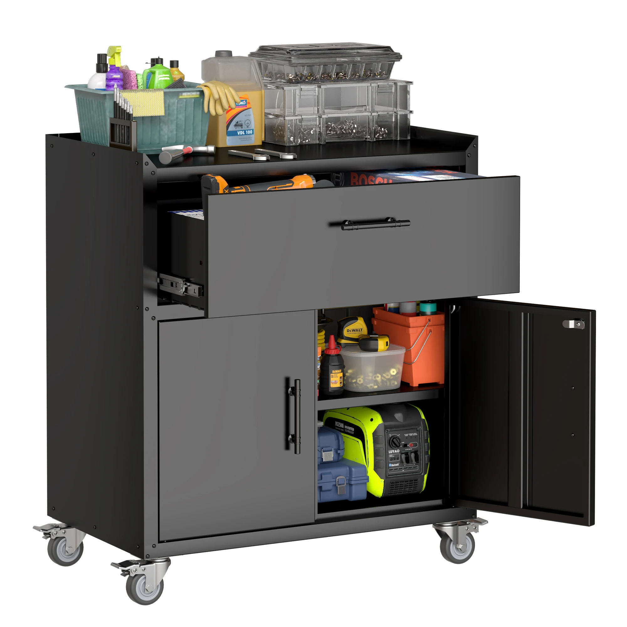

2 Door + 1 Drawer Tool Cabinets for Garage, Lockable Garage Storage Cabinet, Locking Metal Storage Cabinet with Wheels