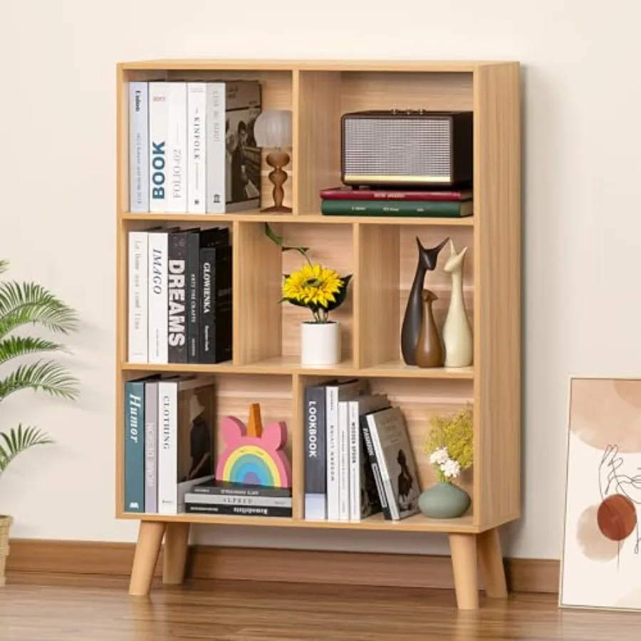 

Wooden 7 Cube Book Shelf Natural 3 Tier Bookshelf with Legs Modern Open Storage Organizer Boho Bookcase Display Cabinet Shelf F
