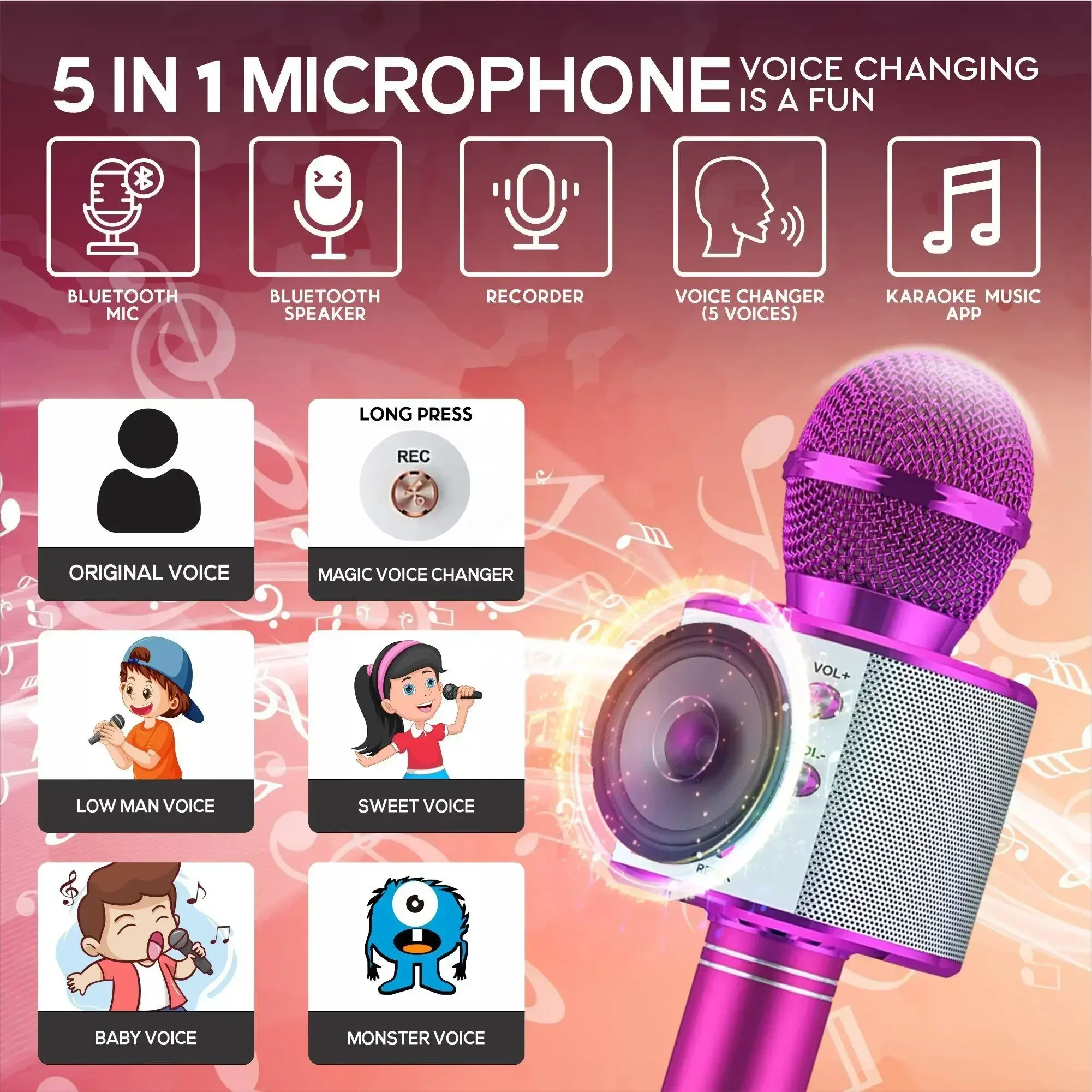 Microfono Karaoke per bambini dorato Altoparlante Bluetooth ricaricabile con microfono Cambia voce portatile Microfono wireless per bambini