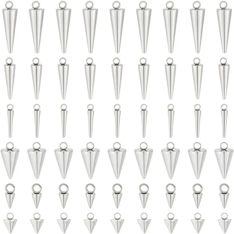 

60pcs Stainless Steel Cone Charm 6 Sizes Hypoallergenic Punk Style Charm Spike Pendants Dangle Charm for DIY Necklace