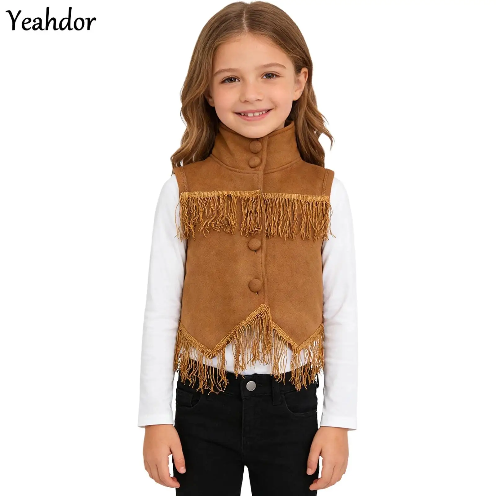 

Girls Cowboy Cowgirl Tassels Vest Sleeveless Open Front Waistcoat Jacket Halloween Hippie Carnival Cowboy Fancy Costumes Vest