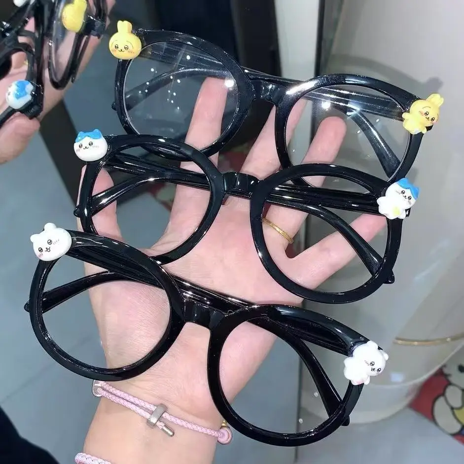 

Kawaii Chiikawa Glasses Frame Cute with Hachiware Pendant Black Round Eyeglass Frame Face Decorative Eyewear for Daily Use