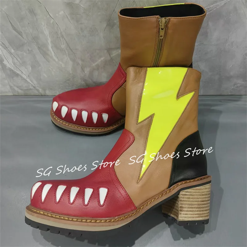 

Funny Crocodile Teeth Pattern Genuine Leather Boots for Men Mixed Color Round Toe Chunky Heel Boots Male Street Trendy Shoes