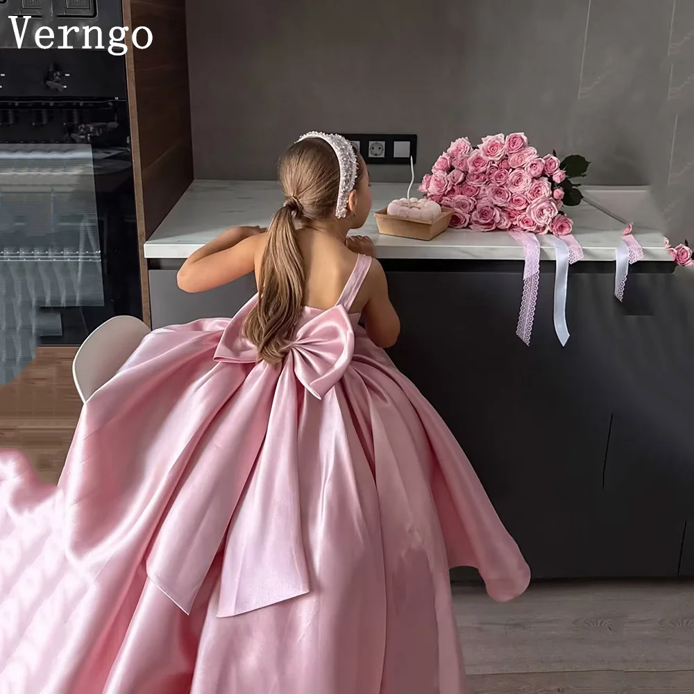 

Verngo Pink Princess Satin Mini Girl Flowers Dress Sequined Short Bow Birthday Party Gowns Princess Celebrity Dress Customized