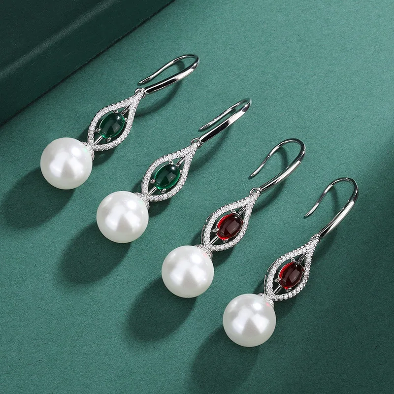 

2023 New In S925 Silver Long White Pearl Dangle Earrings Red Crystal Water Droplet Women Jewelry Banquet Dress Accessories Gift