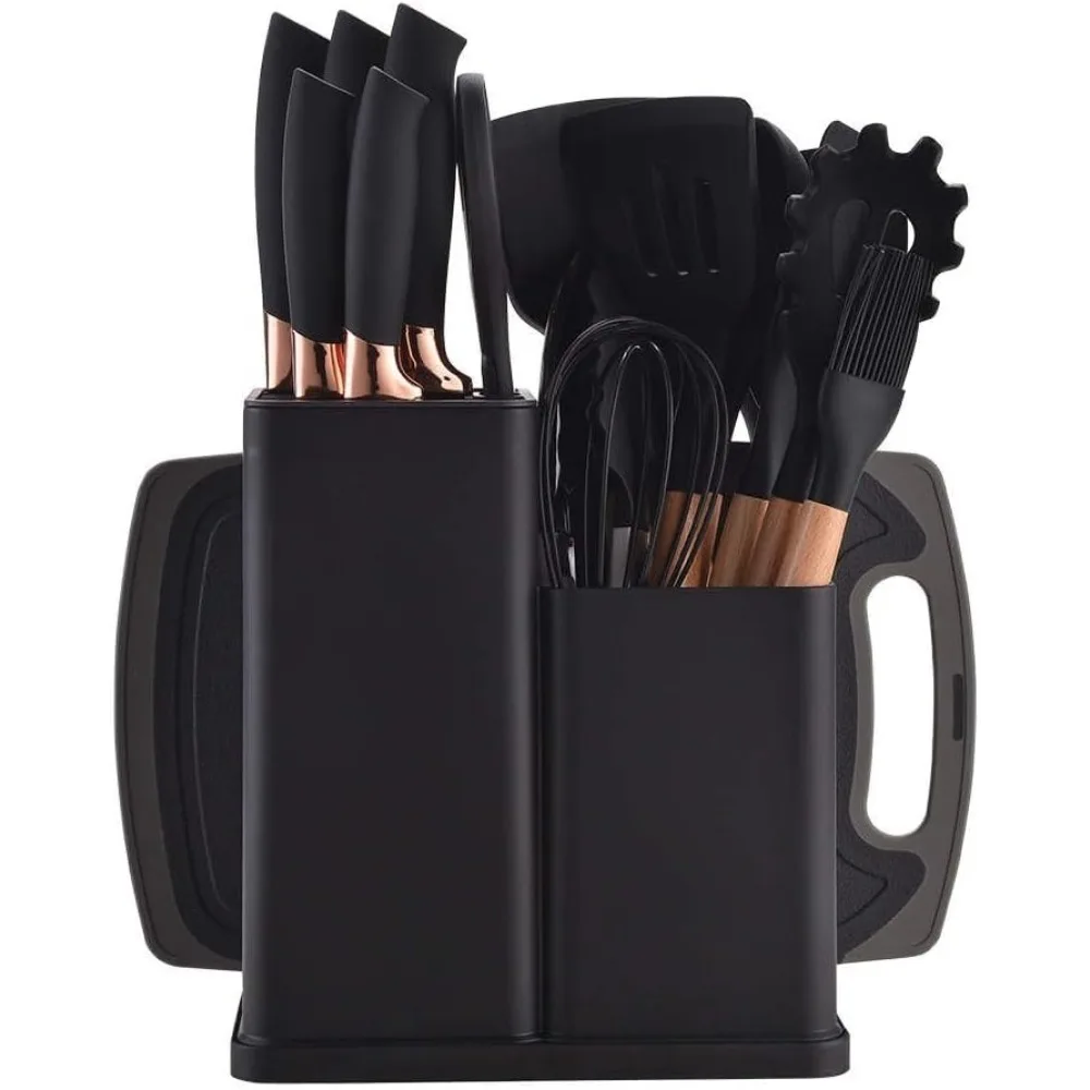 

19 Piece Black Cutlery Set; Cooking Spatula Spoon Kitchenware with Storage Bucket Knife Set; Non-Stick Cookware
