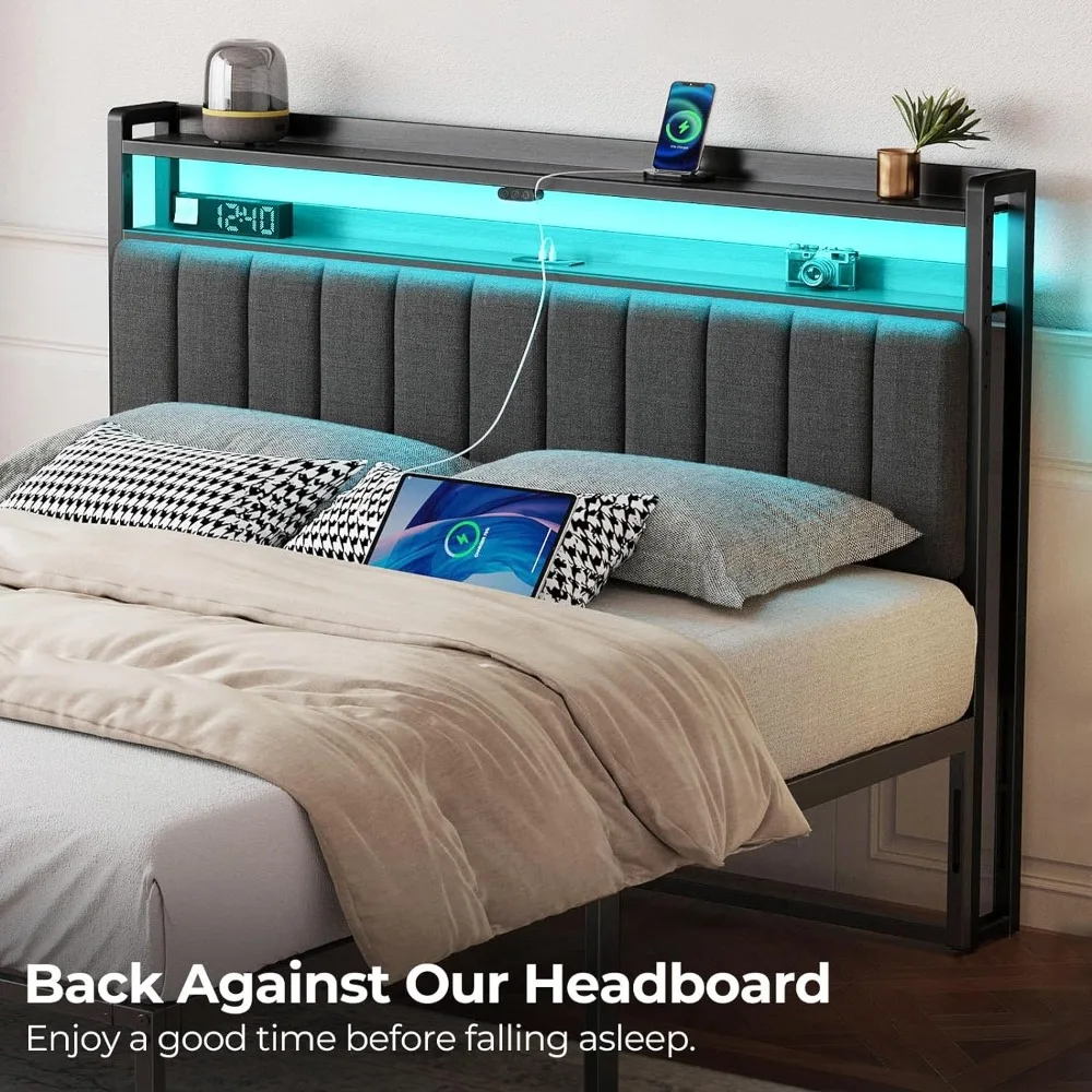 Headboard for Full Size Bed with Storage, 60,000 DIY Color of LED Light, Head Board with USB & Type C Port, Height Adjustable