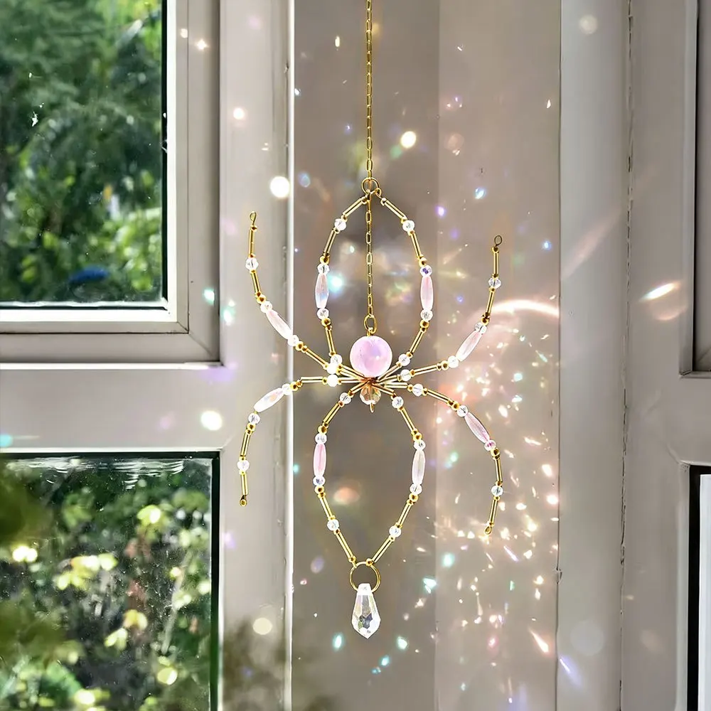 Crystal Pink Spider Suncatcher Pendant, Beaded Wire Spider Prism Light Catcher Hanging Decor for Window Wall Home Halloween
