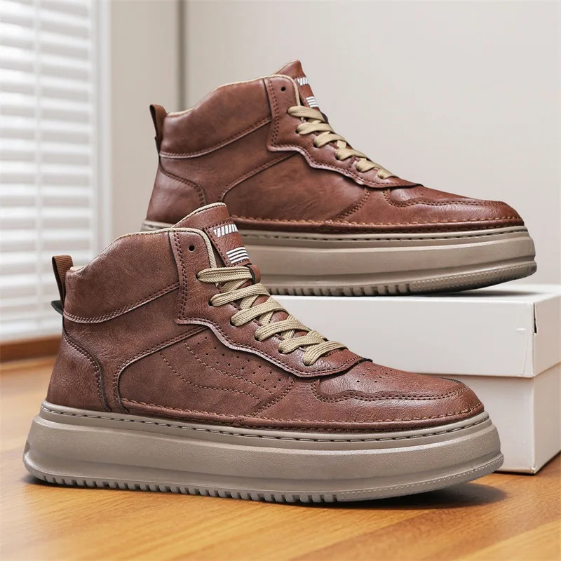 

New Designer High Top SkateBoard Shoes for Men High Quality Fashion Casual Leather Sneakers Male Solid Color Autumn Man Sneakers