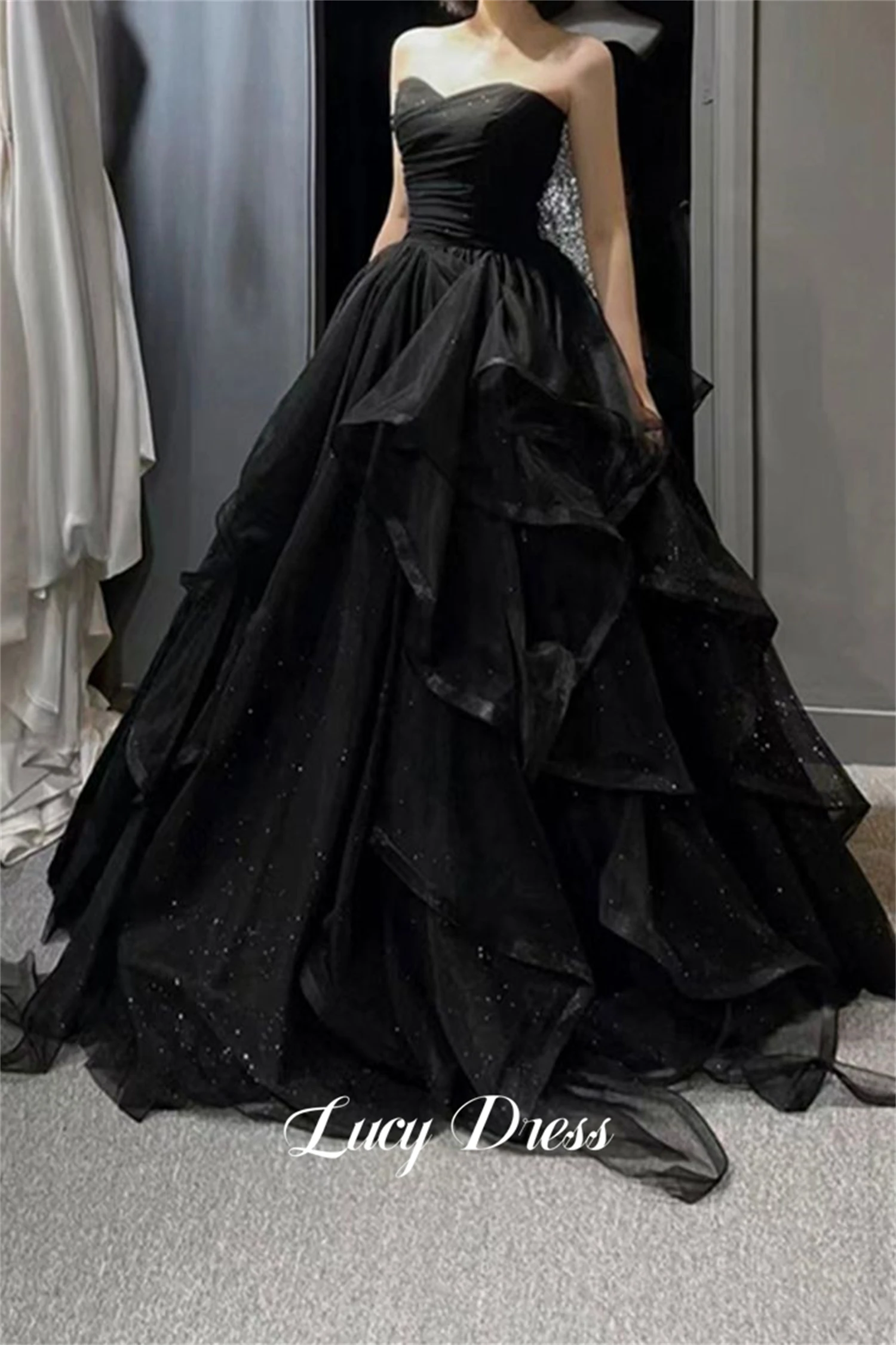 

Lucy Shiny Fabric Black Wedding Dress Gothic Prom Happy Sharon Evening Dresses Woman Elegant 2024 Party Graduation Womens Luxury