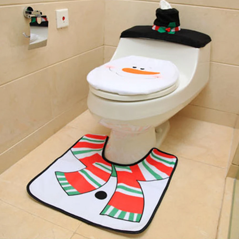 

1 set 1 Christmas Snowman Toilet Seat Cover Set Non-Slip Bath Mat Holiday Home Bathroom Decor Rug Toilet Lid Cover Set