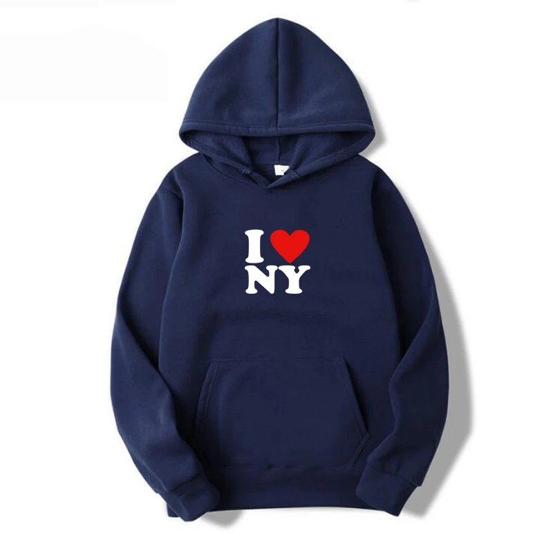 Men\'s I Love NY Printed Sweatshirt Navy Blue hooded Streetwear Pullover Tops Outdoor Sport Sweatshirts Male Casual Sweatshirts