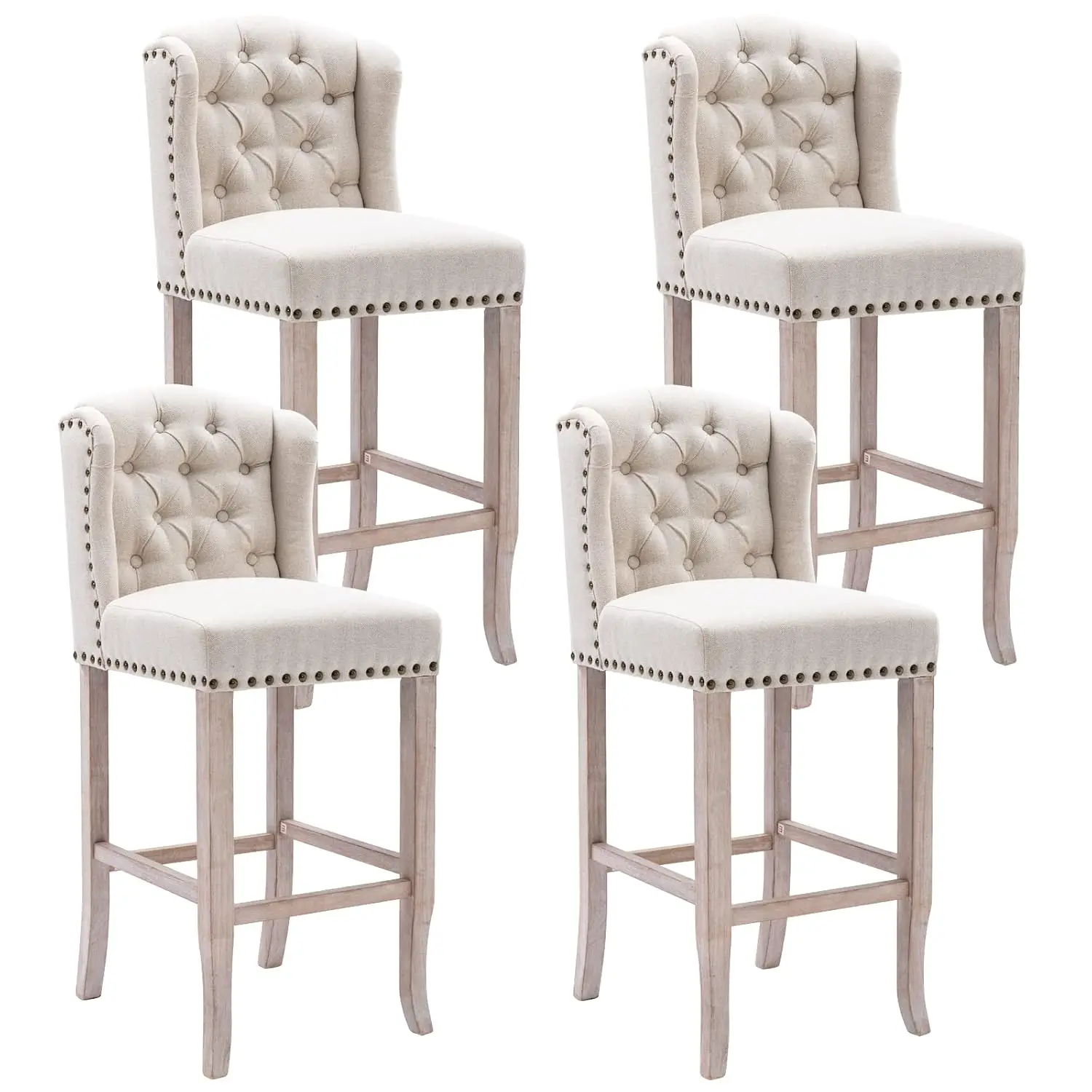 Mid-Century Bar Stools 4pc 30in Counter Height Linen Solid Wood Legs Upholstered Tufted Kitchen Dining Room Beige, Customized