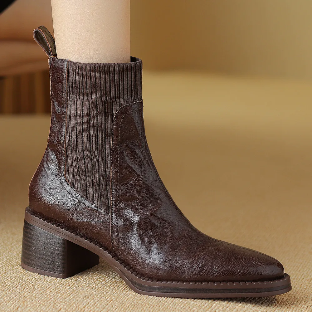 

Women's genuine leather stretch knit patchwork slip-on autumn ankle boots 5cm thick med heel round toe casual female short boots