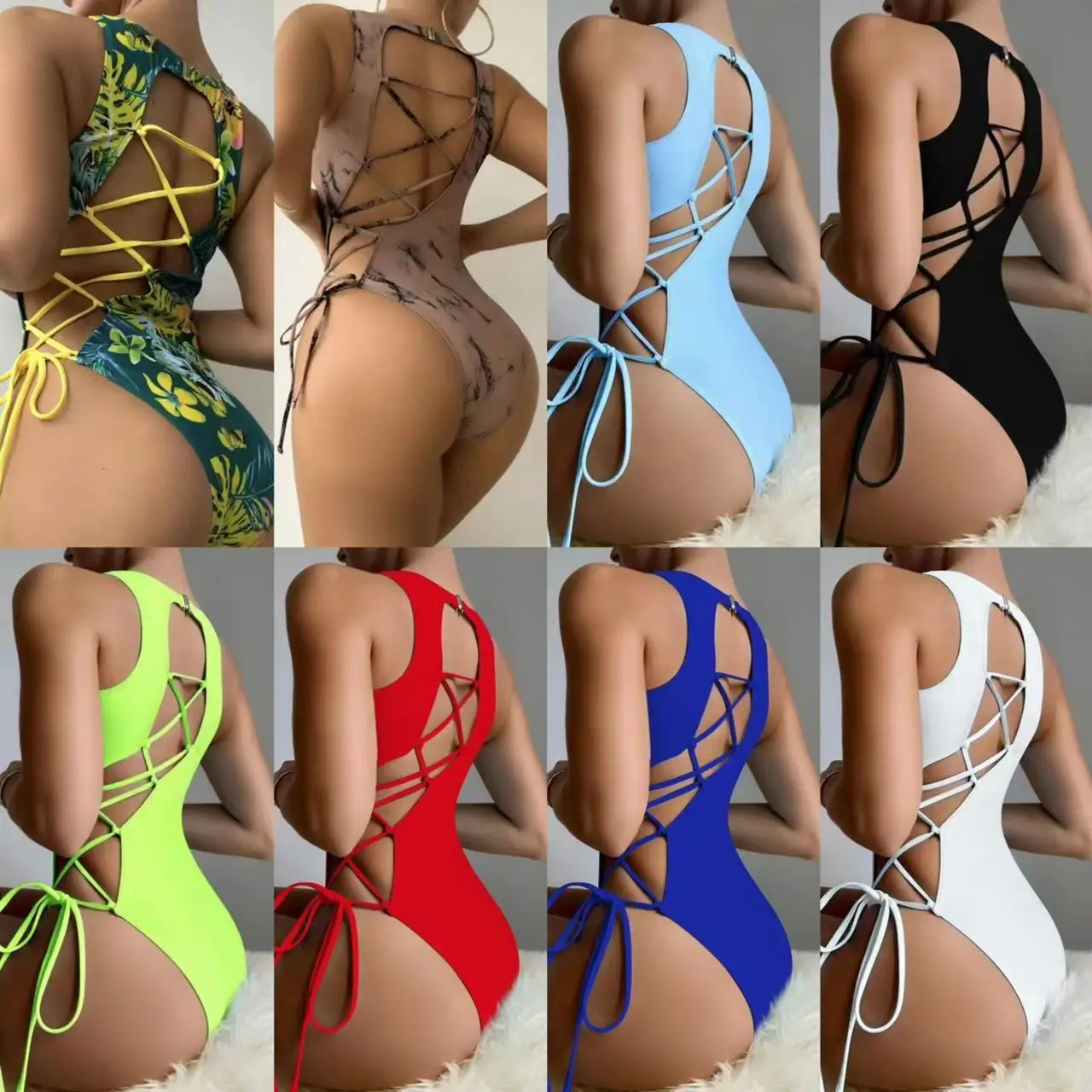 

Sexy Tropical Print Back Cutout Strappy One-piece Swimsuit Bikini Female Bathing Suit Summer Beachwear Women Swimwear Underwear