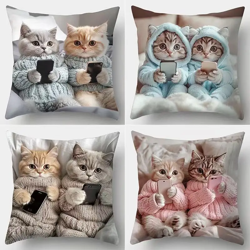 

Cute Kitten Playing Cellphone Pillowcase for Living Room Sofa Decorations Bedroom Cushion Cover Pillowcase Home Decor Xmas Gift