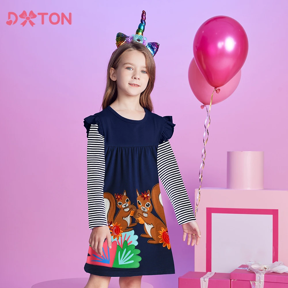 

DXTON Winter Girls Dresses Toddler Girls Clothes Long Sleeve School Outfits Squirrel Cartoon Striped Children Casual Costumes