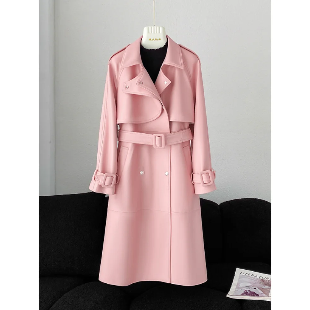 Veste longue en cuir véritable pour femmes, coupe cintrée, élégante, Double boutonnage, rose, ceinturée, Trench-vent en peau de mouton, 2025