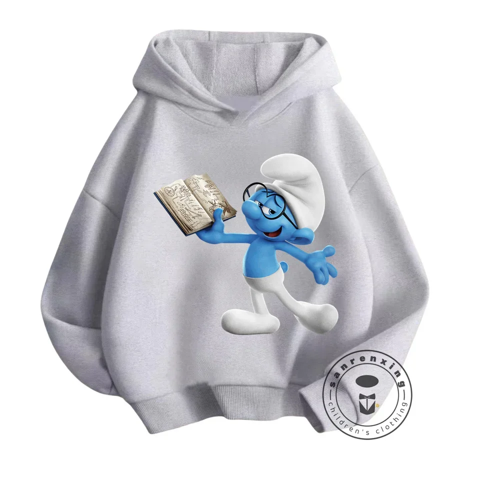 Cute Boys Girls Smurfs Hoodie Simple and Stylish Cartoon Print Pullover Long Sleeve Street Fashion for Autumn and Winter Season