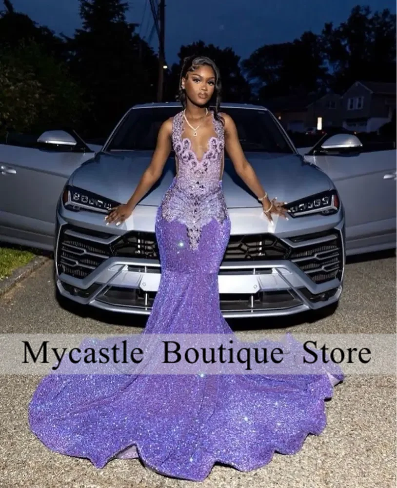 Customized Purple Crystal Sequins Prom Dress 2025 For Black Girl Mermaid Lilac Rhinestones Birthday Party Gowns Graduation Dress