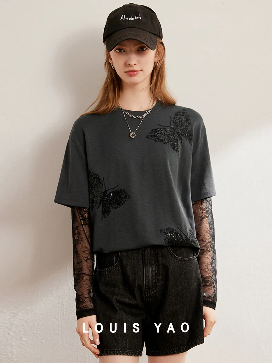 

LOUIS YAO 2025 Spring Personalized Fashion Fake Two Piece T-shirt Sequin Embroidered Loose Lace Long Sleeve Women's T-shirt