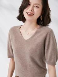 New 100% Merino Wool Women' Sweater V-neck Solid Color Pullover Spring Summer Half sleeved Basic Clothing Base Sweater Casual