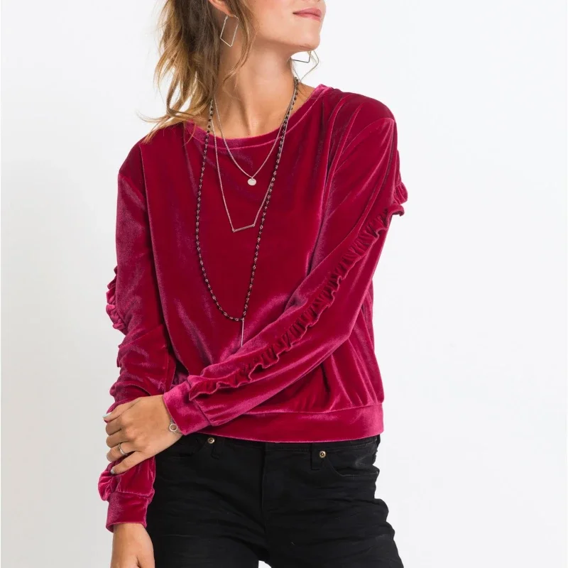 2024 New Fashion Velvet Top girocollo Casual Versatile autunno/inverno Top maglione a maniche lunghe con bordo volant in velluto dorato