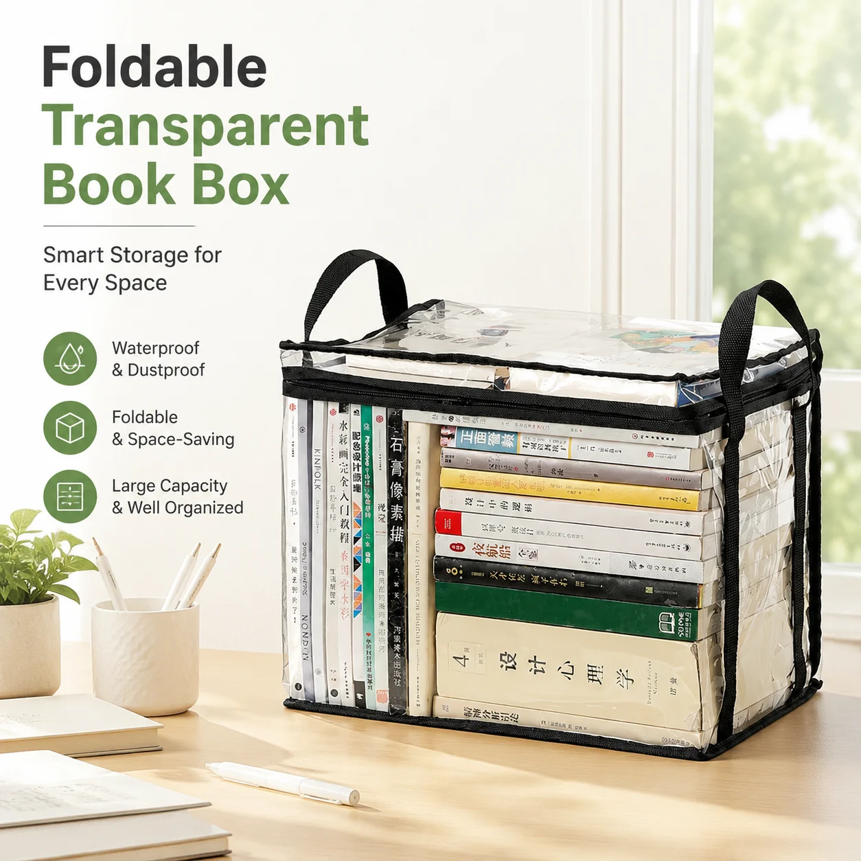 Foldable Transparent Book Box, Waterproof Storage Organizer for Student Dormitory Classroom, Household Bookcase Props