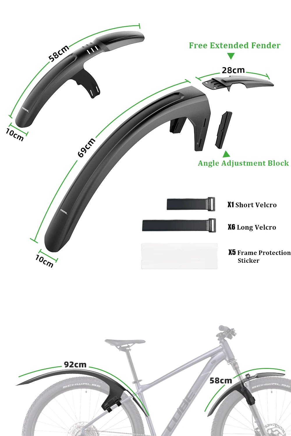 RBRL Extended Widen Fahrradschutzblech, kompatibel mit 7,6 cm Reifenbreite 26–29, vollständiger Abdeckung, spritzwassergeschützter Mountainbike-Schutzblech – Detail 5