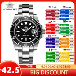 ADDIESDIVE-Relógio de quartzo impermeável clássico masculino, aço inoxidável 316L, super luminoso, moldura cerâmica, 200m, mergulho, clássico