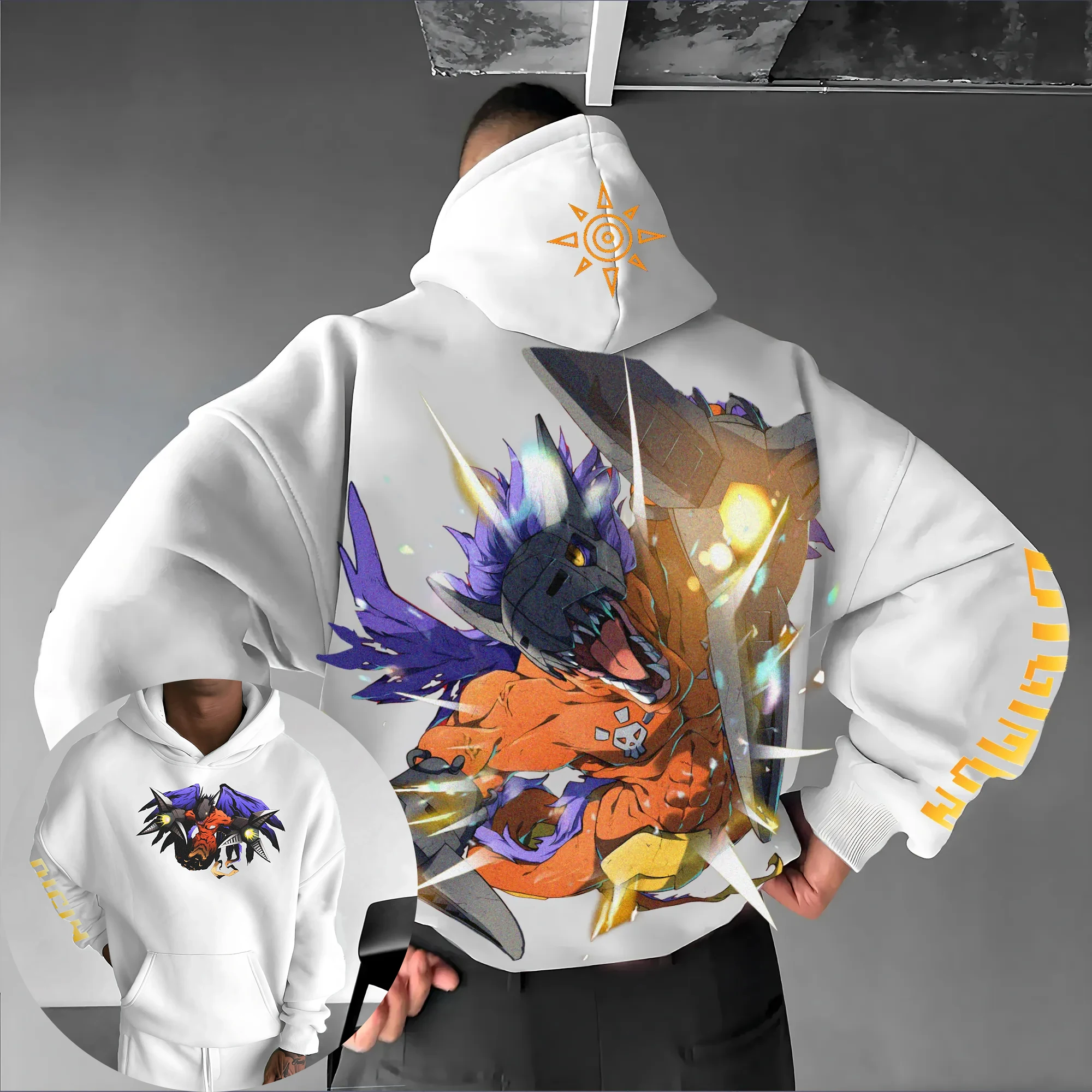 صيف/خريف جديد ديجمون أنيمي المعادن Greymon رسمت باليد هوديي الرجال Harajuku فضفاض عادية متعددة الاستخدامات الوالدين والطفل البلوز #3