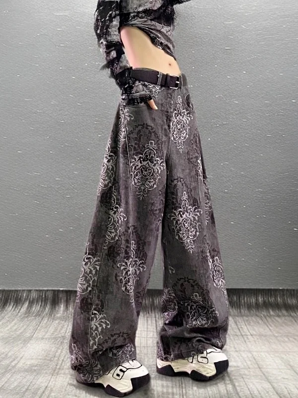 

Faionable Retro Print High Waist Straight Leg Jeans Women's Spring Summer Casual Stretch Denim Pants Banana ape Trousers